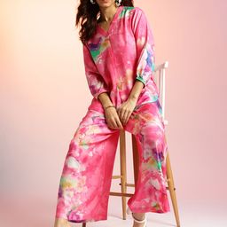 navyasa by liva Abstract Printed V-Neck Top With Trouser Co-Ords-image-63