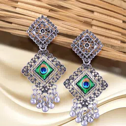 Anouk Rhodium-Plated Geometric Shaped Oxidised Drop Earrings-17