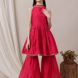 Inddus Girls Ethnic Motifs Pleated Chanderi Cotton Kurta with Sharara-image-35
