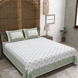 CLOTHOLOGY Green & White Floral 180 TC King Bedsheet with 2 Pillow Covers-image-53