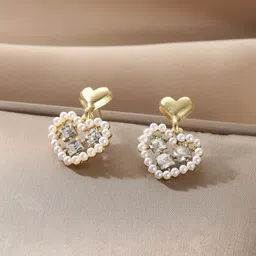 Krelin Gold-Plated Crystals Studded & Pearls Beaded Heart Shaped Drop Earrings-13