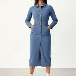 SASSAFRAS Women Shirt Collar Indigo Front Slit Detail Bodycon Midi Dress-picture-24