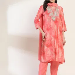 Rangriti Women Floral Embroidered Regular Sequinned Kurta with Trousers & With Dupatta-image-89