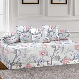 Aura Set Of 6 Blue & Pink Printed Floral TC Cotton Diwan Set-14
