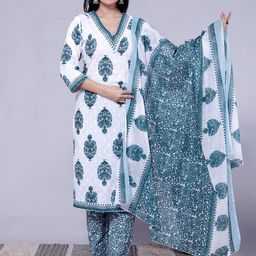 AAYUFAB Floral Printed V-Neck Pure Cotton Kurta With Trouser & Dupatta-image-51
