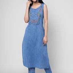 NYPA Women Ethnic Motifs Embroidered Regular Thread Work Pure Cotton Kurta with Trousers-6