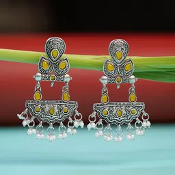 Zoey German Silver-Plated Stones Studded & Beaded Paisley Shaped Oxidised Drop Earrings-12
