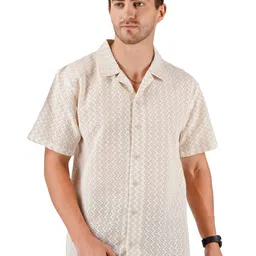 MIMID Men New Relaxed Fit Cuban Collar Chevron Striped Cotton Casual Shirt-image-56