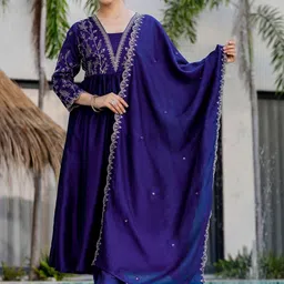 Brand Hill Ethnic Motifs Embroidered Empire Dupion Silk Kurta With Trouser & Dupatta-picture-10