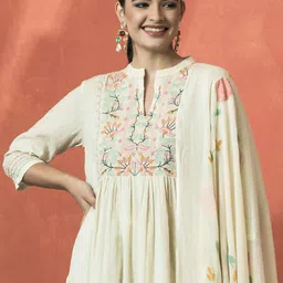 Sangria Floral Embroidered Mandarin Collar Cotton A-Line Kurta With Trouser & Dupatta-image-35