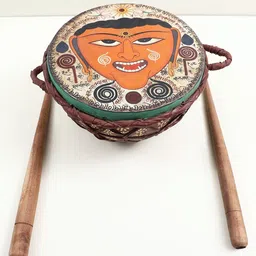 Exotic India Green & Orange Colored Nagada Drum Wooden Pooja Essentials-image-87