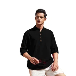 EdinWolf Band Collar Roll-Up Sleeves Pure Cotton Slim Fit Straight Short Kurta-image-72