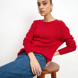 SALT ATTIRE Women Floral Woollen Pullover with Embellished Detail Sweater-image-98