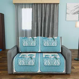 Kuber Industries Blue & White Printed Velvet 4 Piece Sofa Cover-78