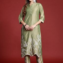 Indo Era Floral Embroidered Mandarin Collar Straight Tunic And Trousers-image-89