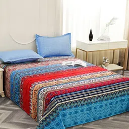 Story@home Blue & Red Ethnic Printed 240TC Microfiber Queen Bedsheet with 2 Pillow Covers-4