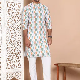 Jompers Men Floral Printed Regular Chikankari Pure Cotton Kurta with Pyjamas-picture-9