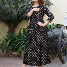 Saanvi Collection Black Ethnic Motifs Anarkali Round Neck Breastfedding Maternity Kurtis-image-32