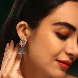Priyaasi Silver-Plated Quartz Stone Studded Oxidized Dome Shaped Jhumkas-31