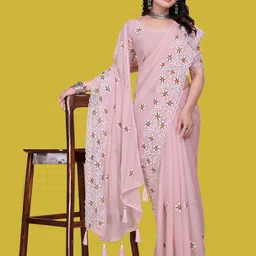SILKWEAR Floral Embroidered Pure Georgette Saree-image-44