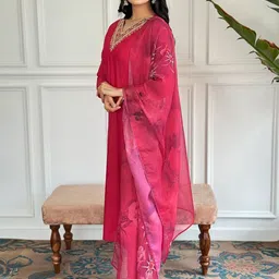 S.K.C Ethnic Motifs Yoke Design Sequinned Straight Kurta With Trouser & Dupatta image 4