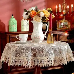 MONKDECOR Gold-Toned Floral Embroidery Anti-Skid Round 6-Seater Table Cover-44