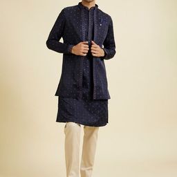Manyavar Floral Embroidered Mandarin Collar Sequinned Satin Kurta With Trouser & Jacket-image-57