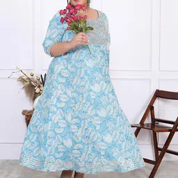 FLAVIA CREATION Women Plus Size Tropical Printed Pure Cotton Fit and Flare Dress-image-55