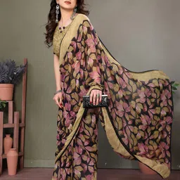WINKLECART Floral Pure Georgette Block Print Saree image 5
