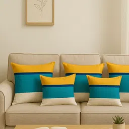 PRTREND Set of 5 Blue & Cream-Coloured Striped Square Cushion Covers-49