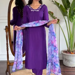 Moda Rapido Floral Yoke Design Thread Work Square Neck Kurta With Trousers & Dupatta-4