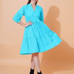 ARV TRENDS Women Self Design Schiffli Puff Sleeves Cotton Fit & Flare Dress-image-60