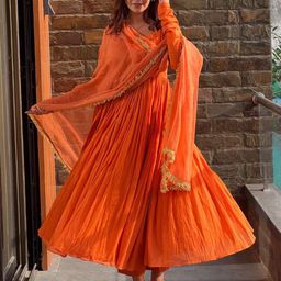 KALINI Round Neck Gotta Patti Anarkali Kurta With Trousers & Dupatta-image-4