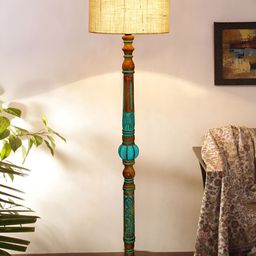 Devansh White & Blue Cylindrical Shaped Traditional Wooden Floor Lamp-8