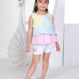 Peppermint Girls Colourblocked Round Neck schiffli Top with Shorts-picture-15