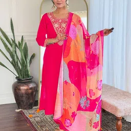 Growdamy Floral Embroidered Thread Work Chanderi Silk Straight Kurta & Trouser And Dupatta-35