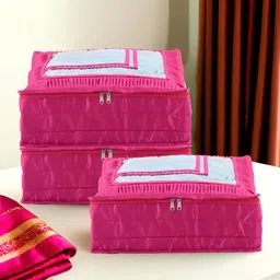 Aura Pink & Transparent 3 Pieces Frill Top Window Satin Saree Bag Organisers-5