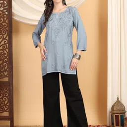 Poshak Chikan Studio Floral Embroidered Chikankari Chikankari Kurti-image-19