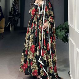 MADHAVPRIYA Paper Mirror Lace Floral Printed Georgette Gown With Dupatta-picture-18