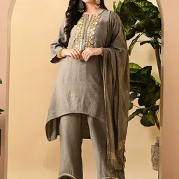 Sangria Embroidered Keyhole Neck Bell Sleeves Kurta & Palazzos Set with dupatta-picture-24