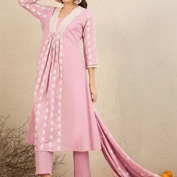 Indo Era Floral Embroidered Pleated Pure Cotton A-Line Kurta With Trousers & Dupatta-picture-44
