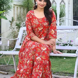 Niona Women Floral Printed Tiered Anarkali Kurti-image-6