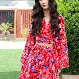 Sera Printed V Neck Top With Skirt Co-Ords-picture-22