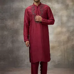 Rivaar By Rocky Star Floral Embroidered Beads & Stones Mandarin Collar Kurta With Trousers-image-93