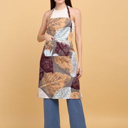 Arrabi Brown & Grey Leaf Printed Cotton Aprons With 2 Patch Pockets-41