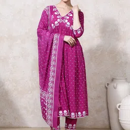 Moara Women Floral Embroidered Empire Thread Work Pure Cotton Kurta &Trousers With Dupatta-picture-4