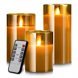 LTETTES Gold-Toned 3 Pieces Pillar LED Candles-13