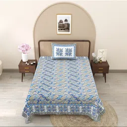 JAIPUR FABRIC Blue & White Floral Single Bedsheet with 1 Pillow Covers-image-96