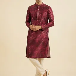 Manyavar Floral Woven Design Mandarin Collar Thread Work Art Silk Kurta And Pyjamas-picture-26