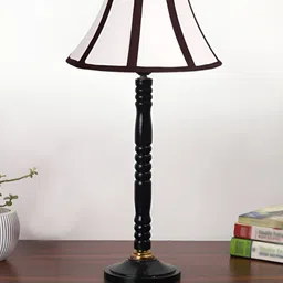 Devansh Off White & Black Textured Frustum Shaped Wooden Table Lamp-6